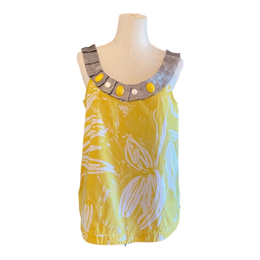 Yellow Floral Sleeveless Top with Gray Accents